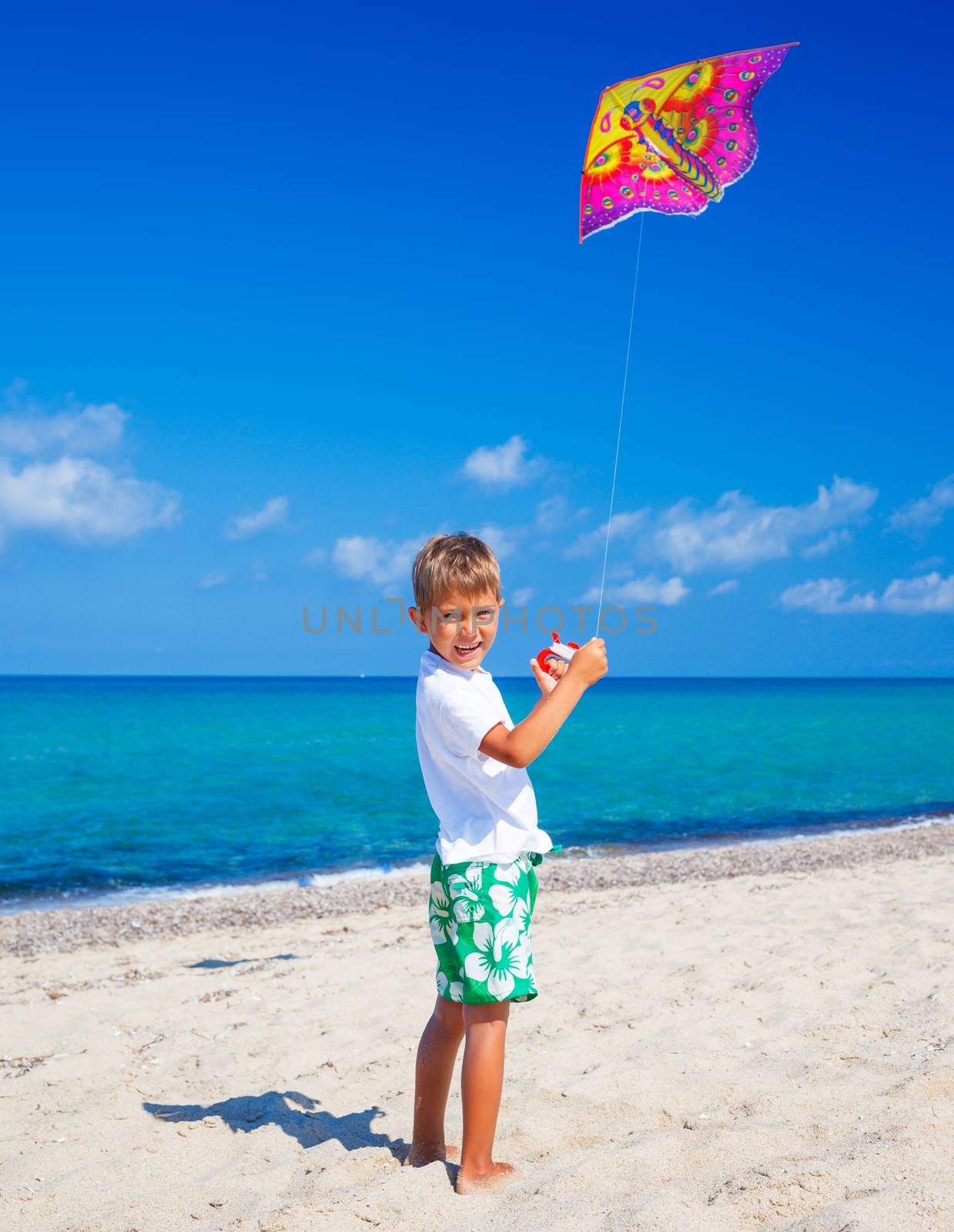 Summer vacation - Cute boy flying kite beach outdoor.