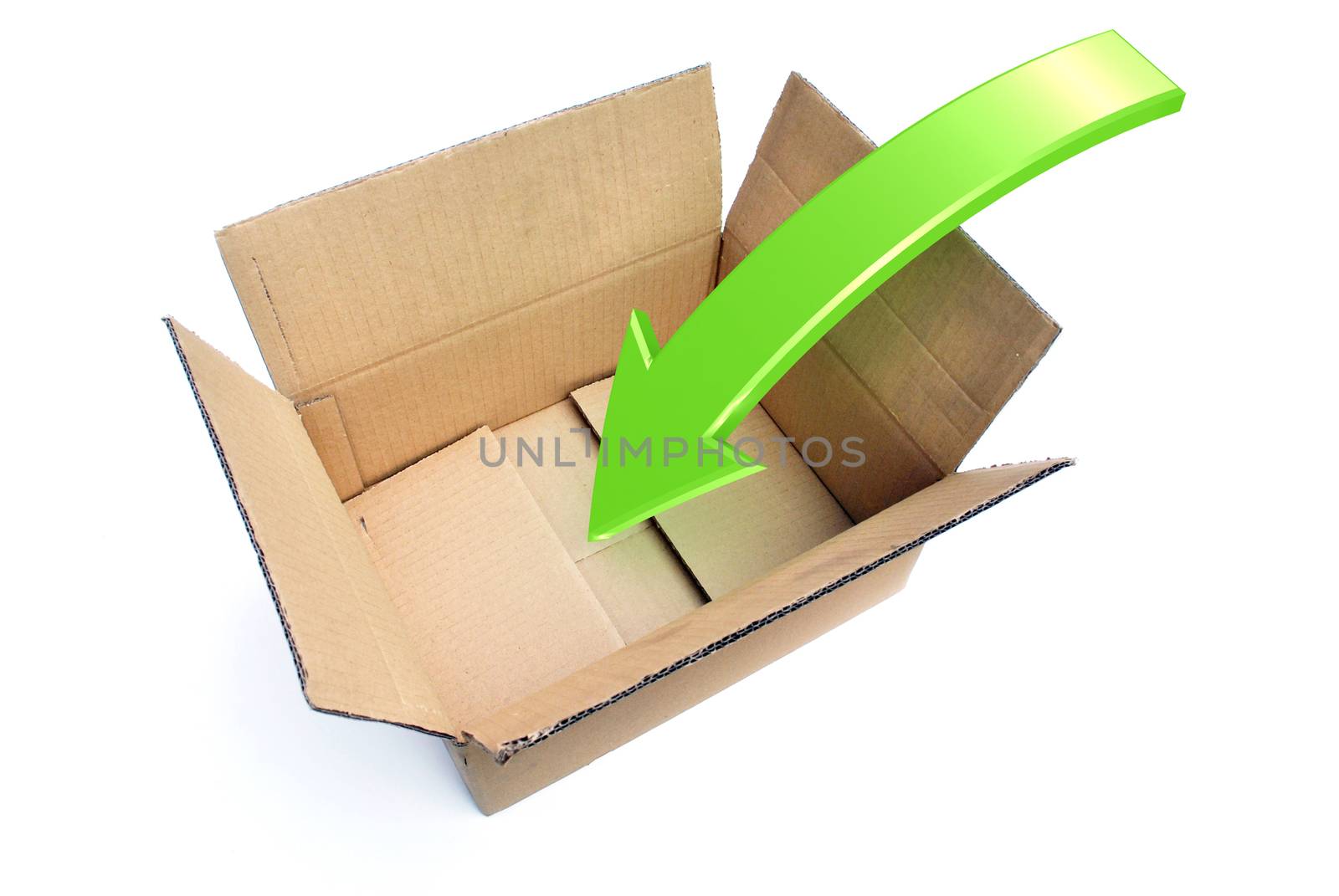 An opened box with a Rendered Arrow showing a Packing Concept