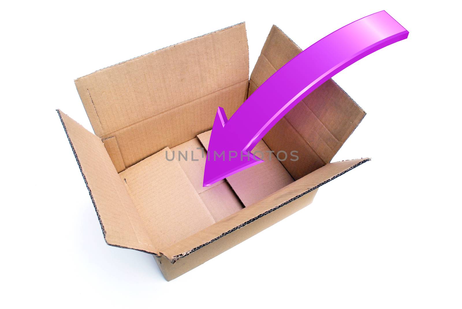 An opened box with a Rendered Arrow showing a Packing Concept