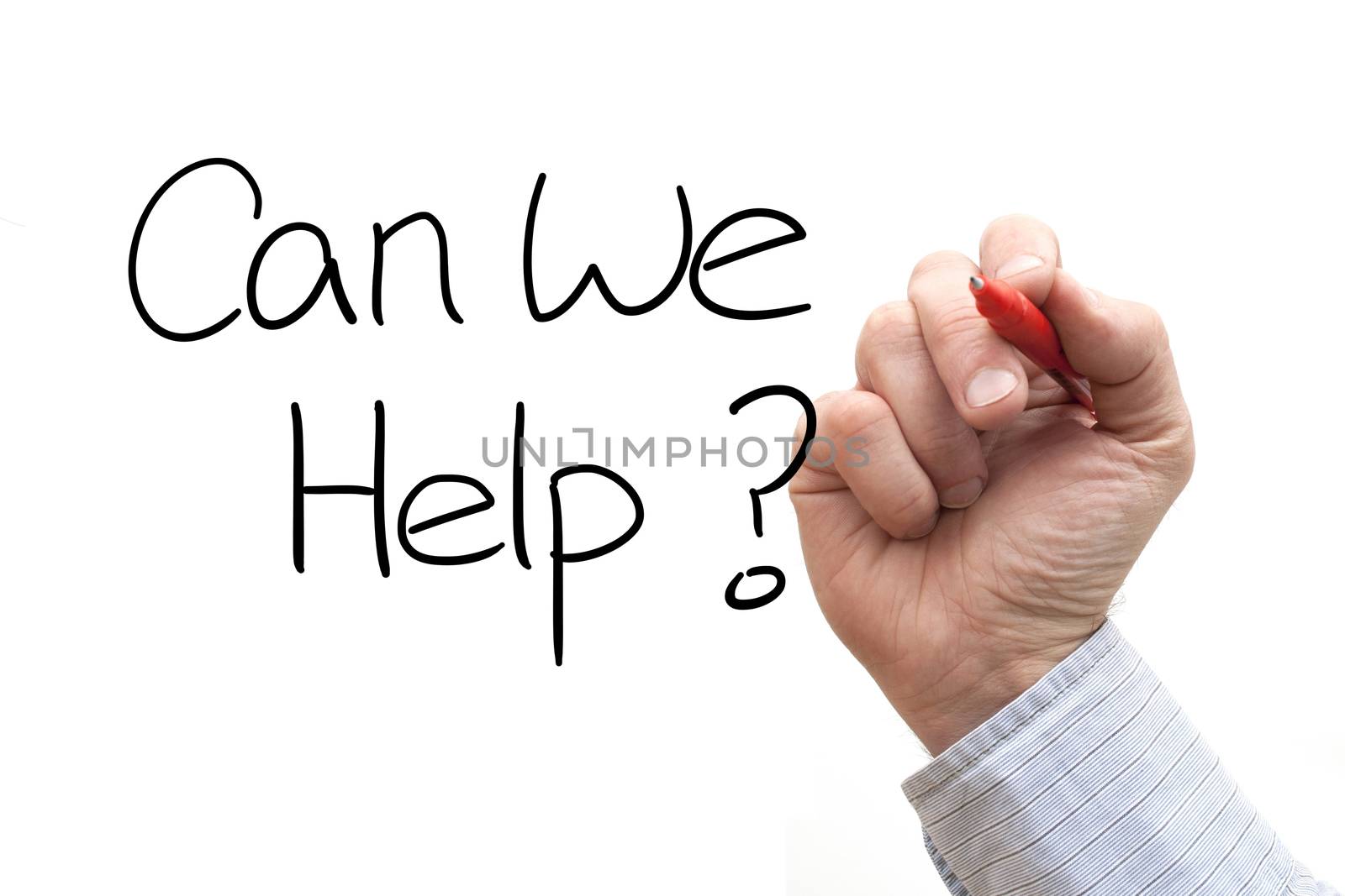 A Photo / Illustration of a Hand Writing 'Can We Help?'