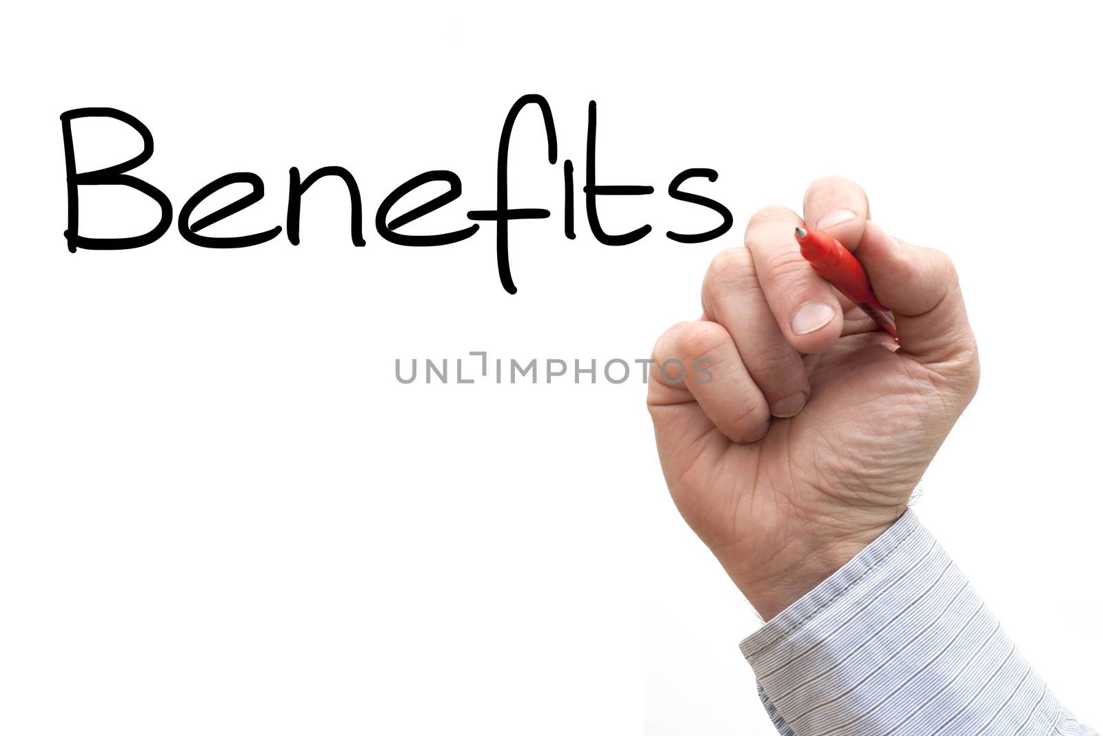 A Photo / Illustration of a Hand Writing 'Benefits'