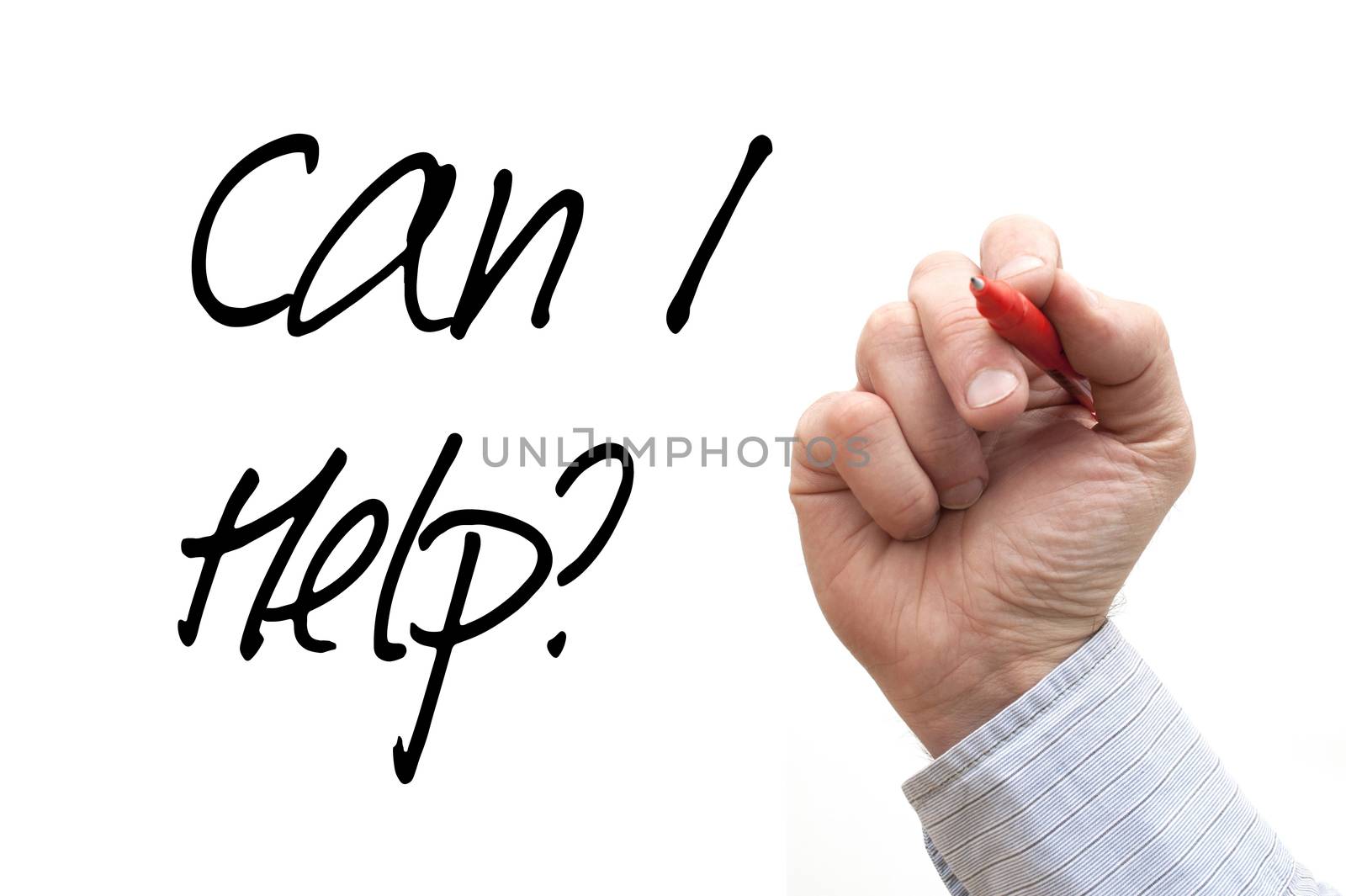 A Photo / Illustration of a Hand Writing 'Can I Help'