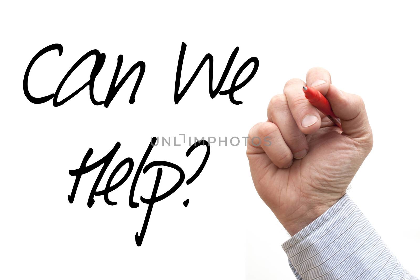 Hand Writing 'Can We Help' by head-off