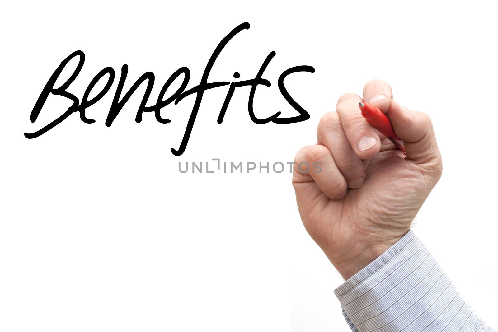 Hand Writing 'Benefits' by head-off