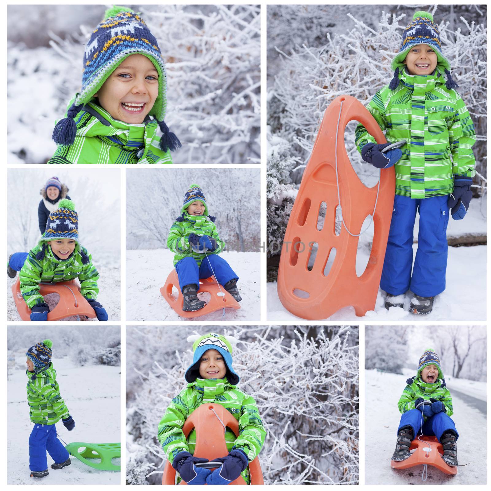 Winter, play, fun - Collage of images cute little boy having fun with sled in winter park
