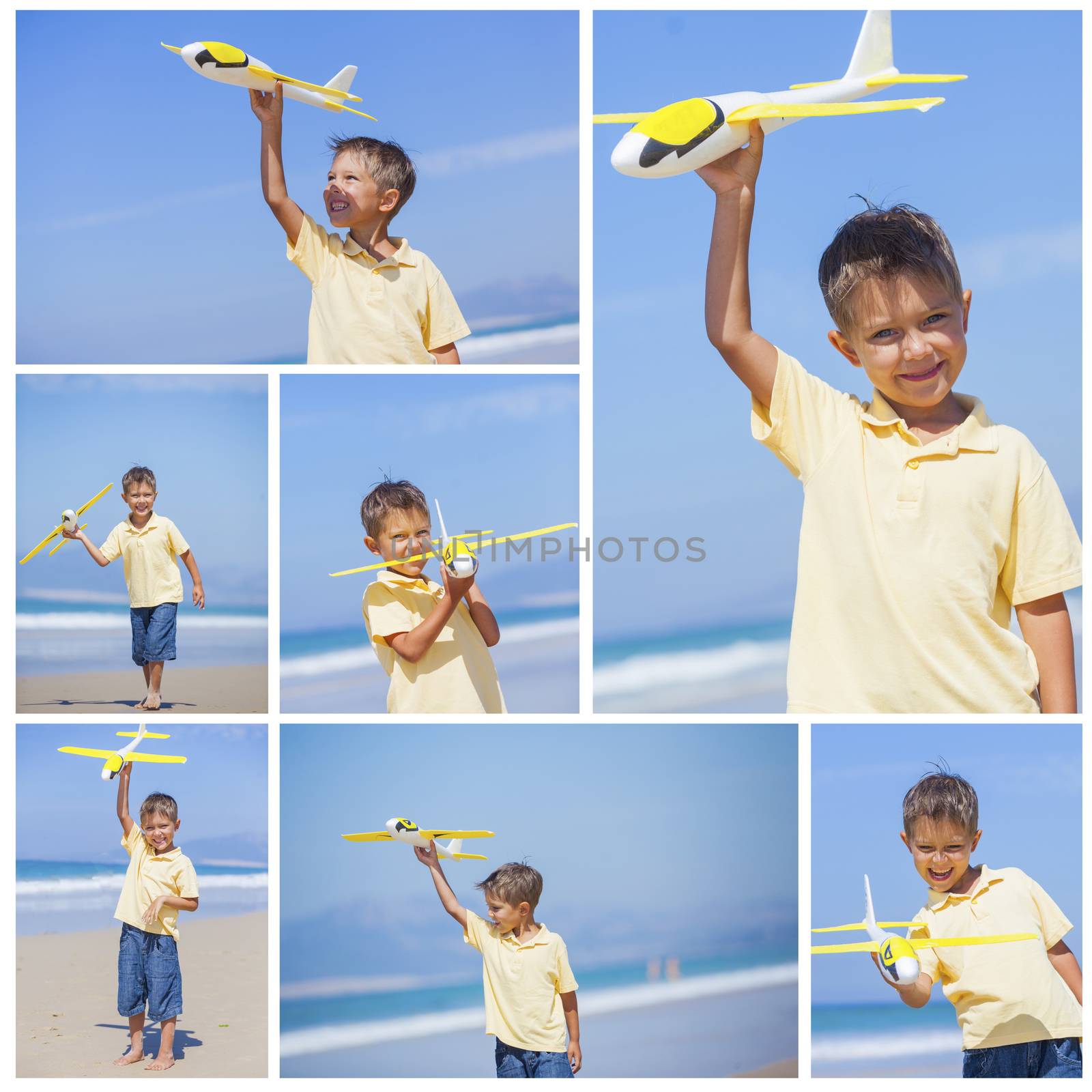 Collage of images beach kid boy kite flying outdoor coast ocean