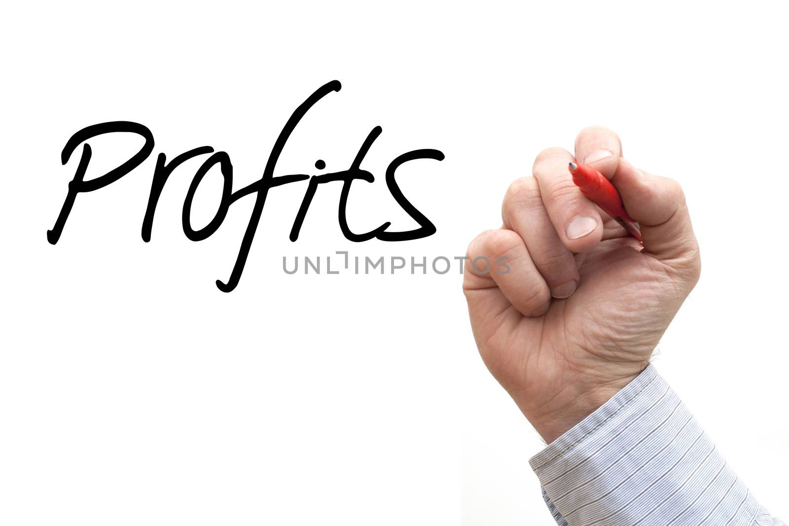 A Photo / Illustration of a Hand Writing 'Profits'