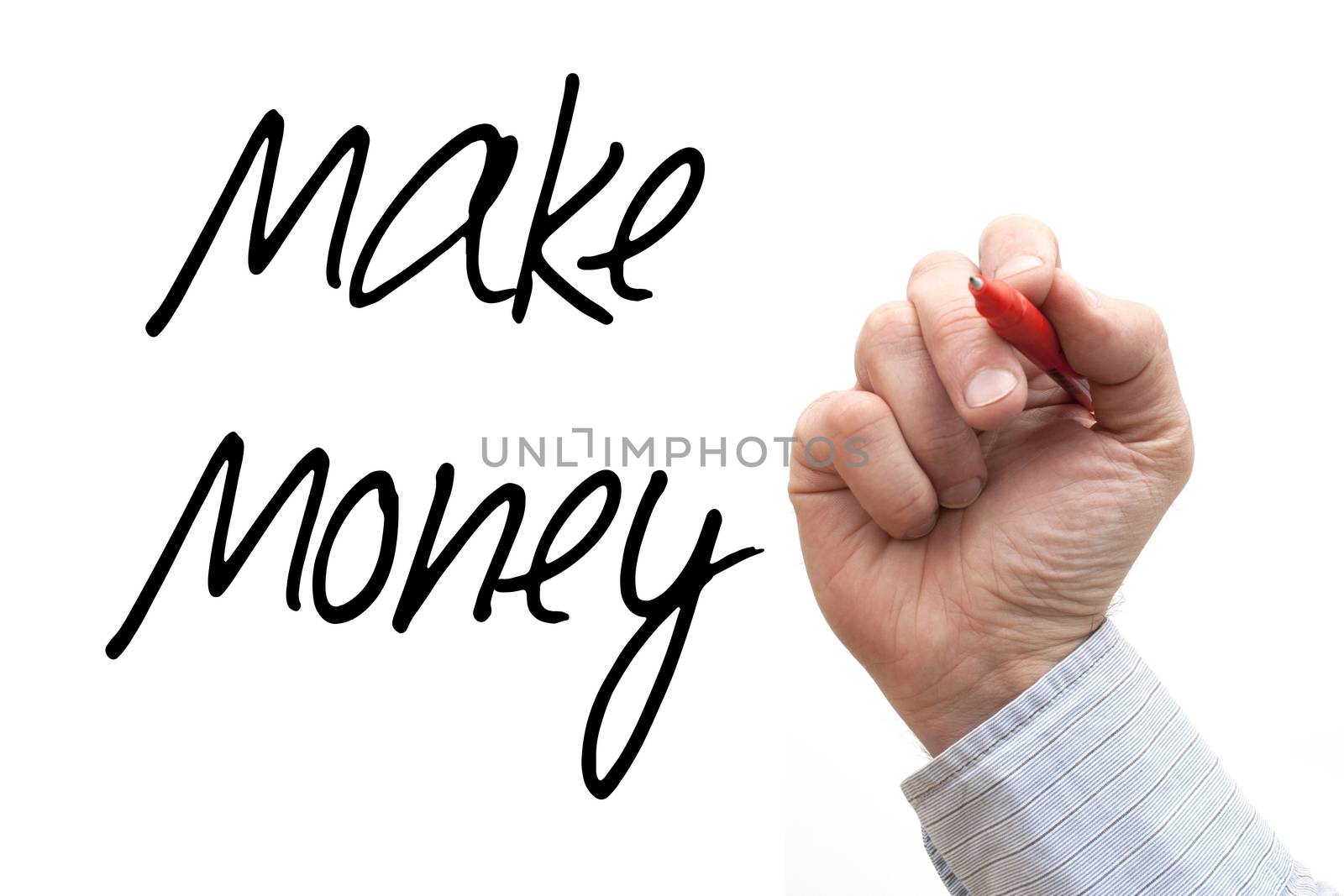 Hand Writing 'Make Money' by head-off