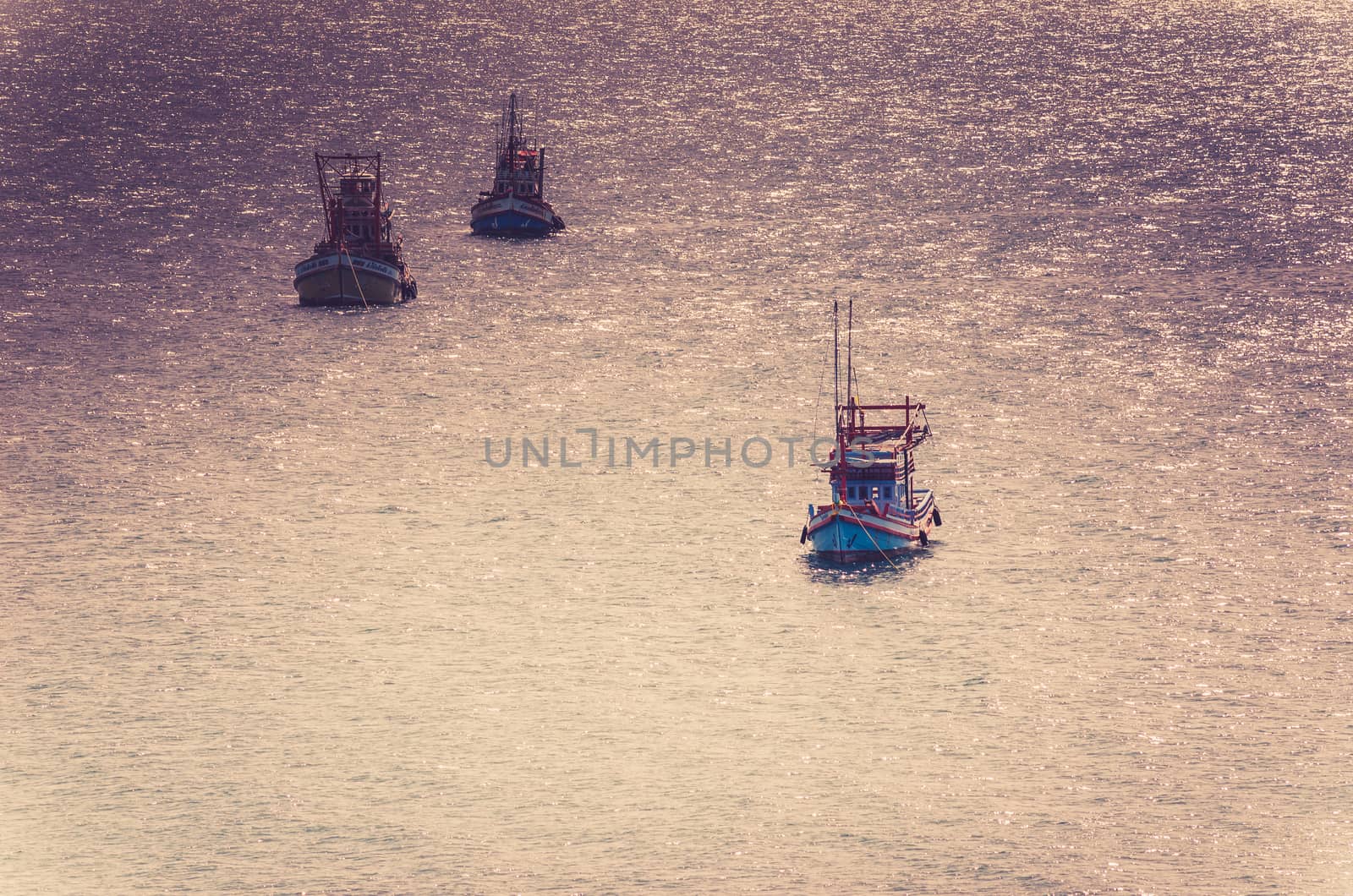 Fishing sea boat and blue sea nature in Thailand vintage