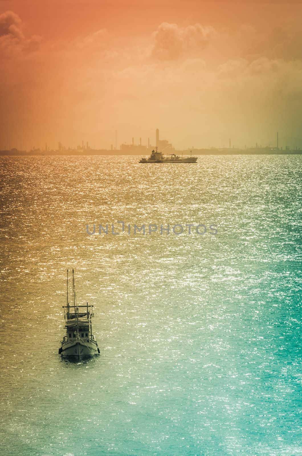 Fishing sea boat and blue sea nature in Thailand vintage