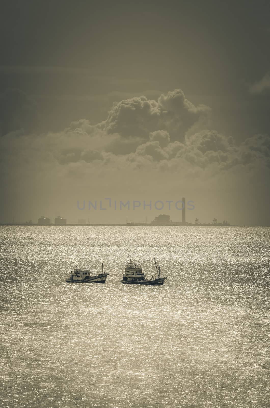 Fishing sea boat and blue sea nature in Thailand vintage