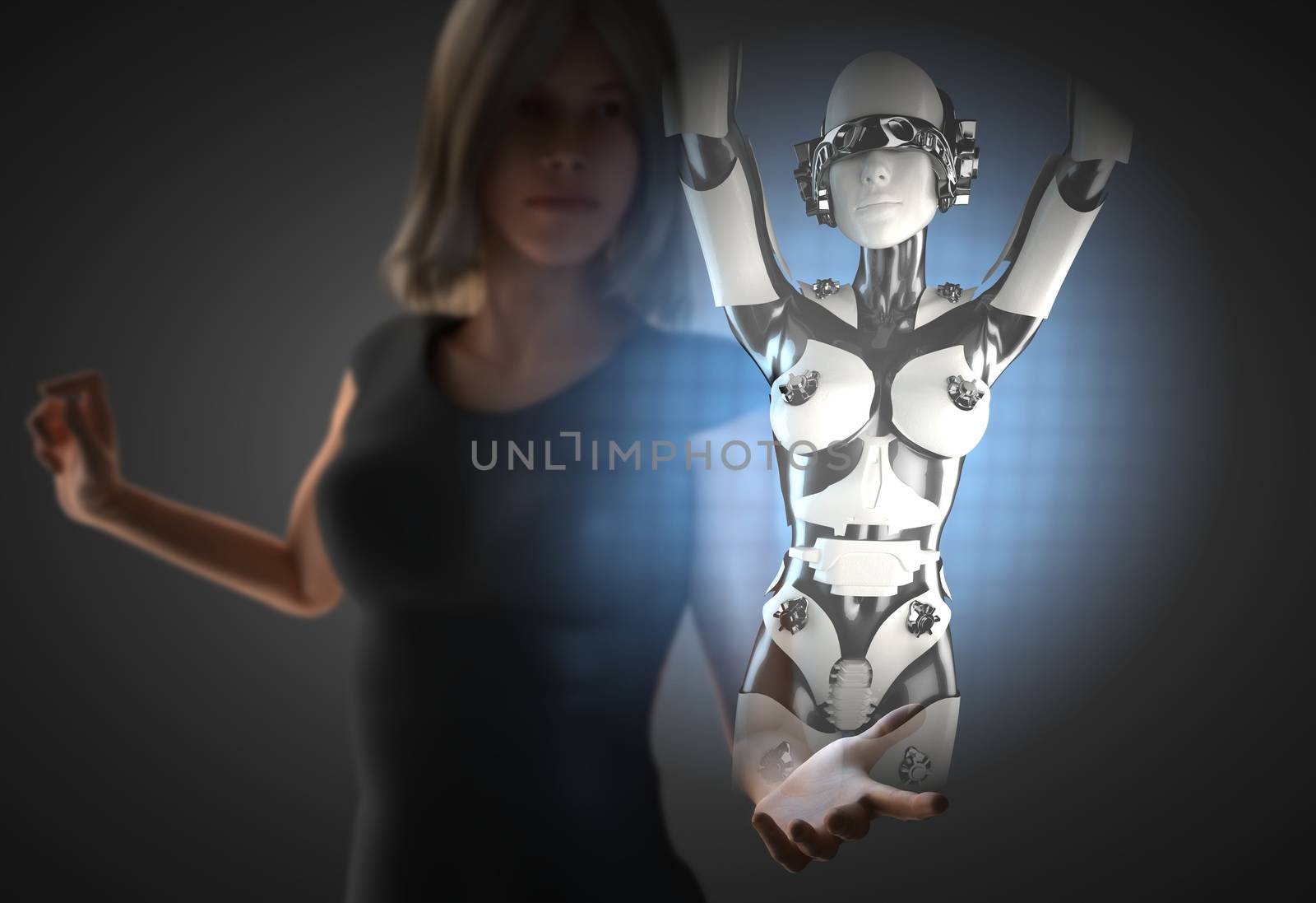 woman and hologram with robot by videodoctor