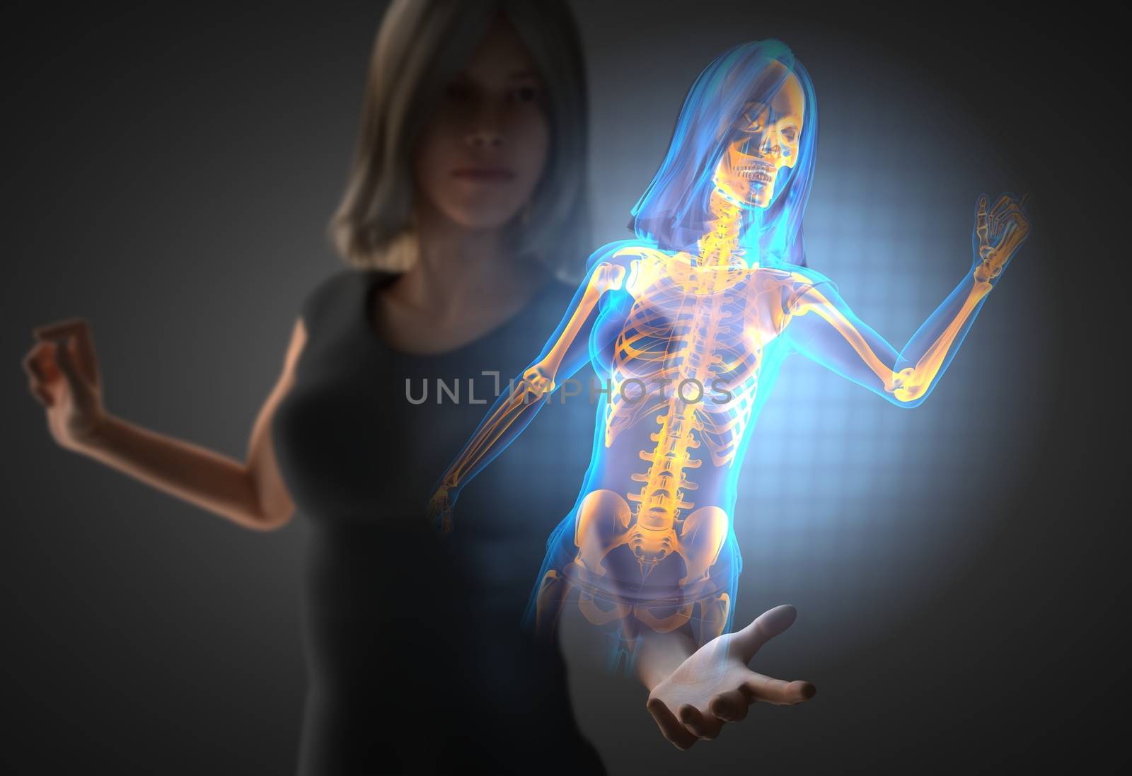 woman and hologram with bones radiography