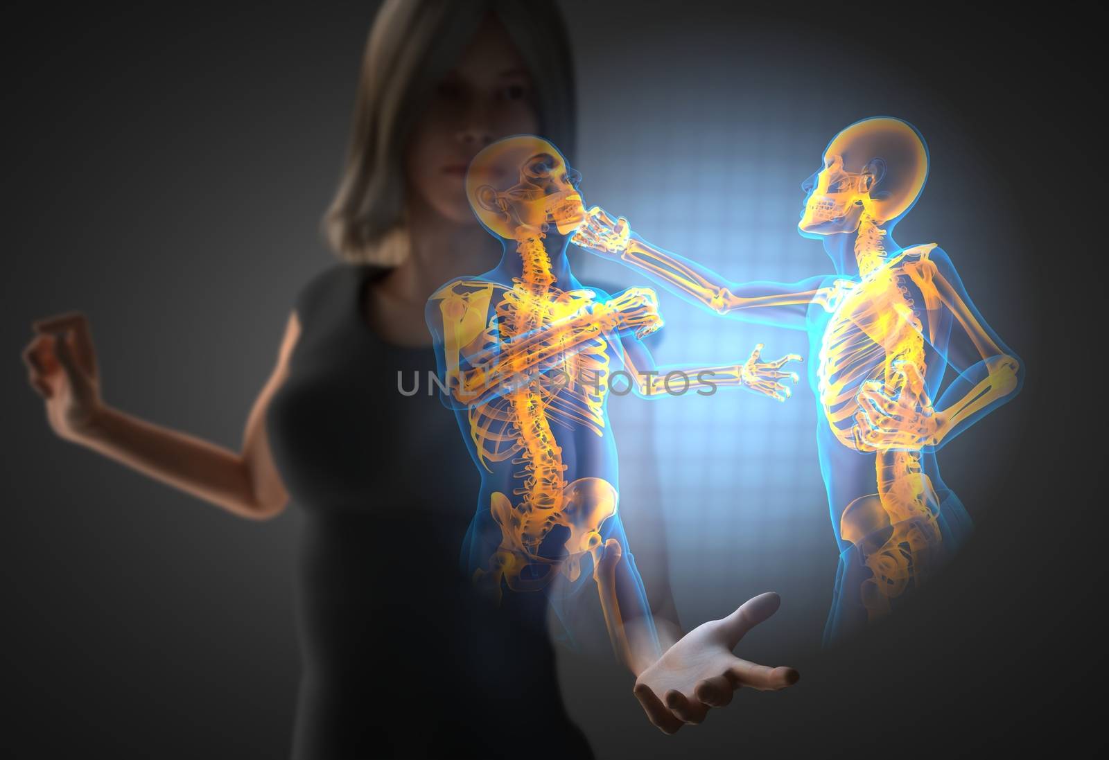 woman and hologram with fighting men by videodoctor