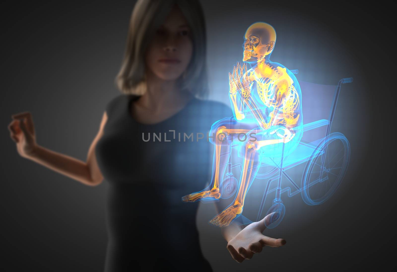 woman and hologram with man in wheelchair by videodoctor