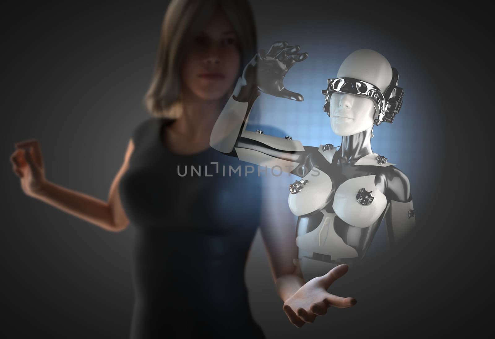 woman and hologram with robot by videodoctor