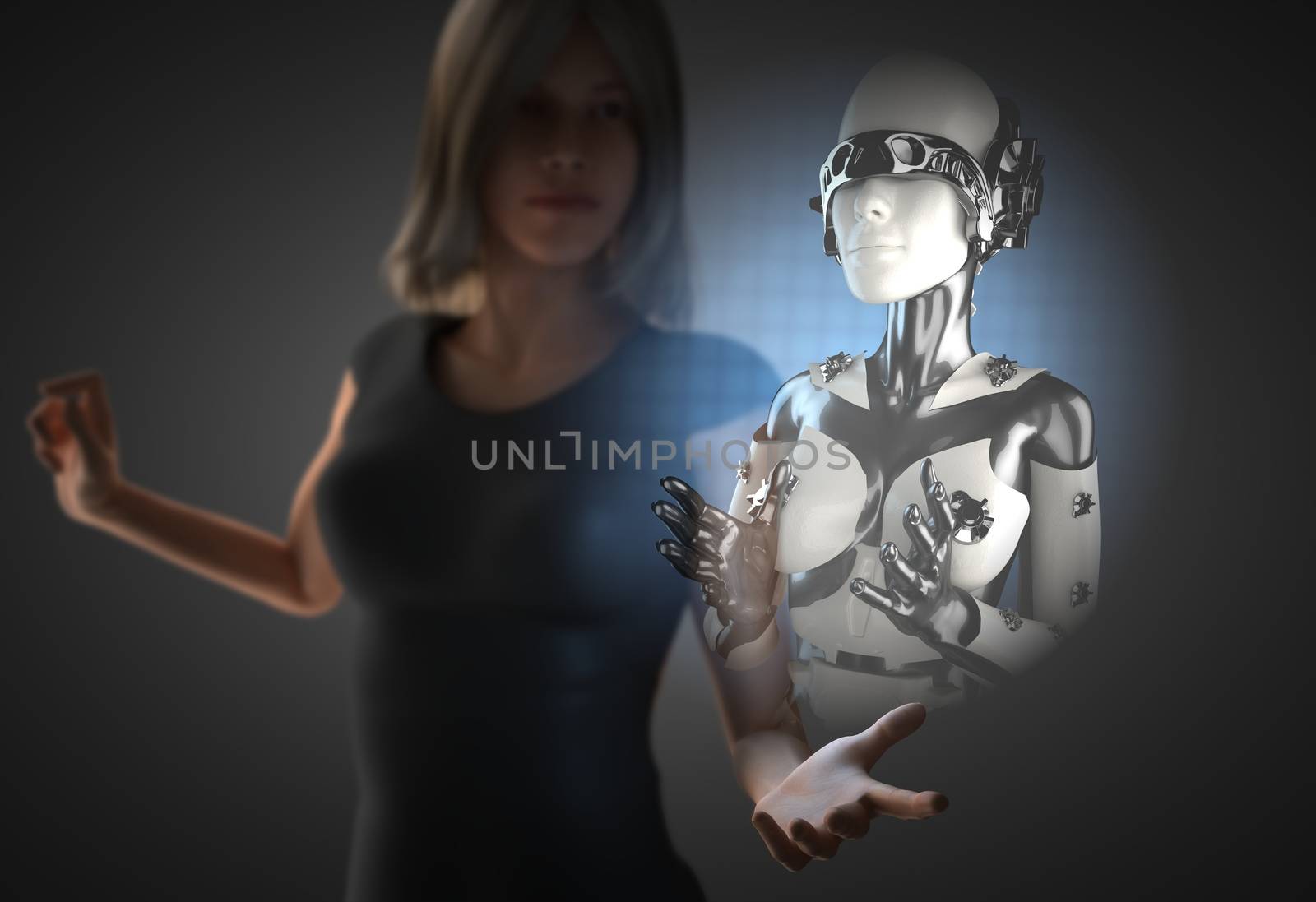 woman and hologram with robot