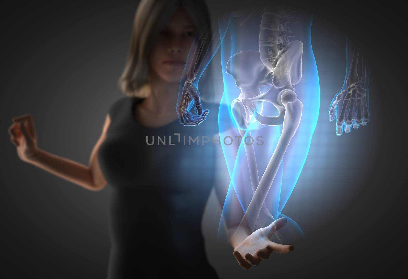 woman and hologram with hip radiography