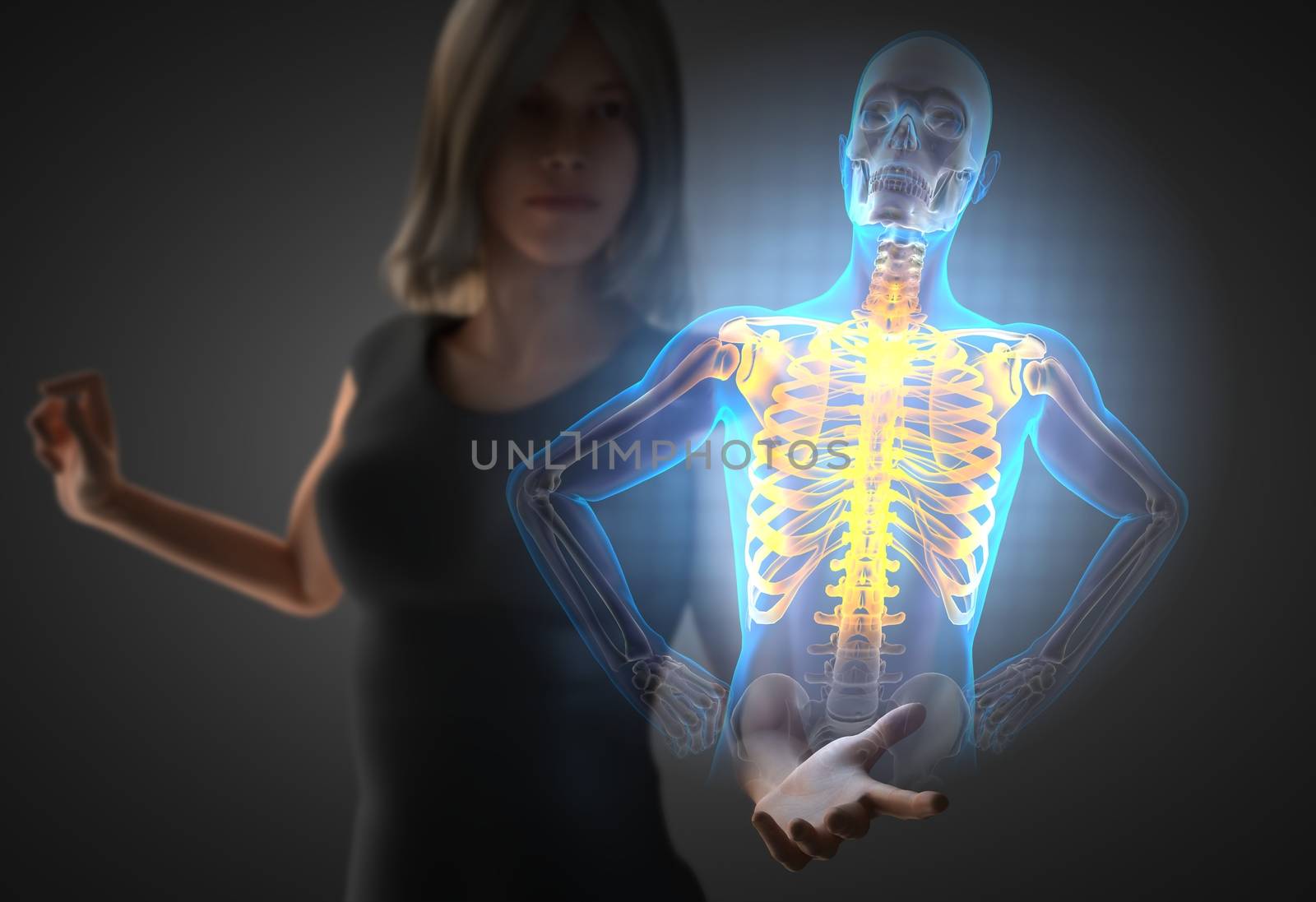 woman and hologram with chest bones rodiography by videodoctor