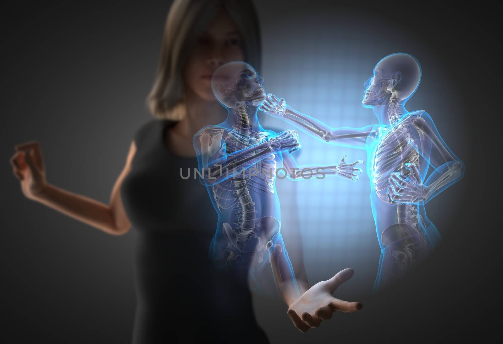 woman and hologram with fighting men