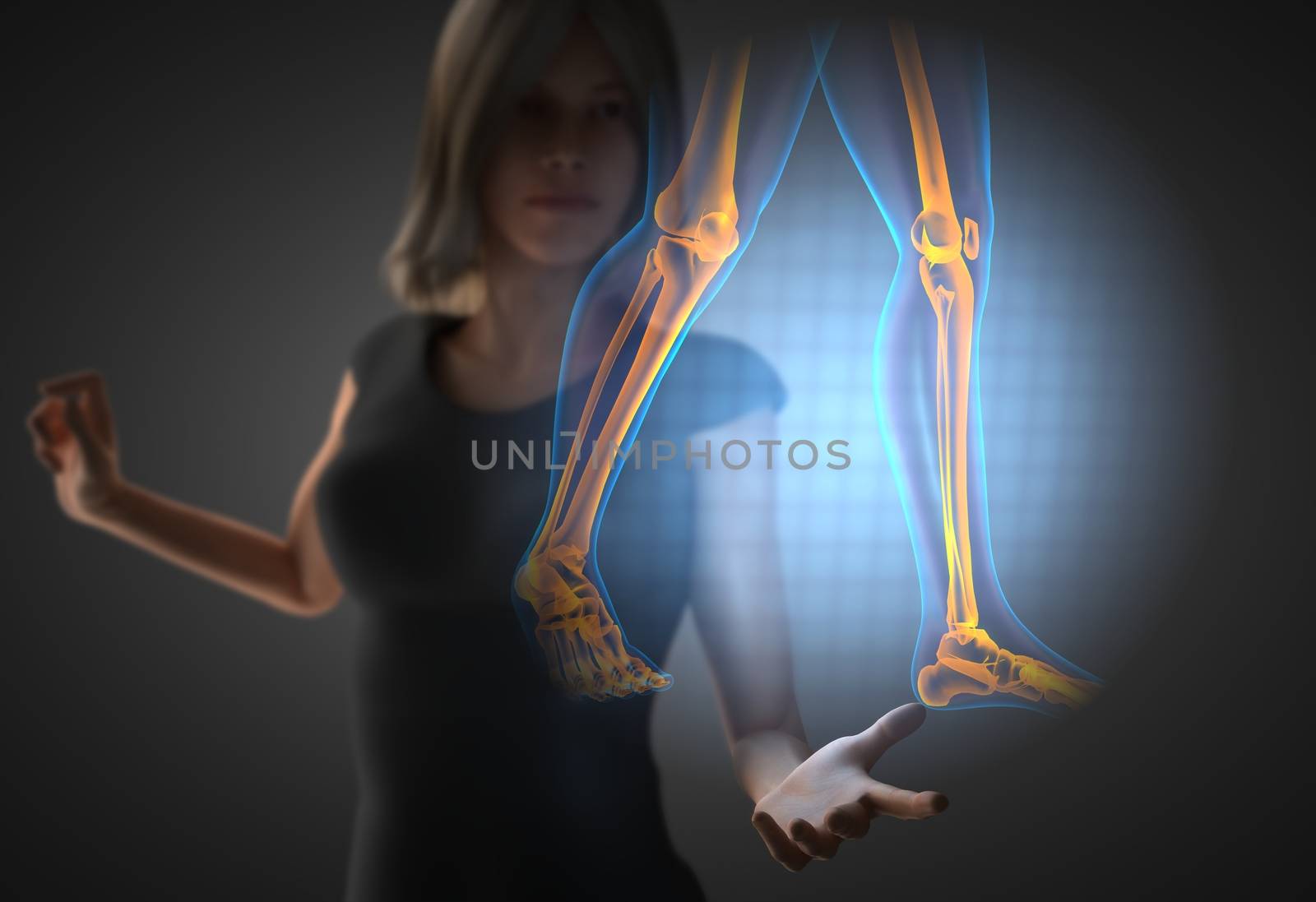 woman and hologram with knee radiography