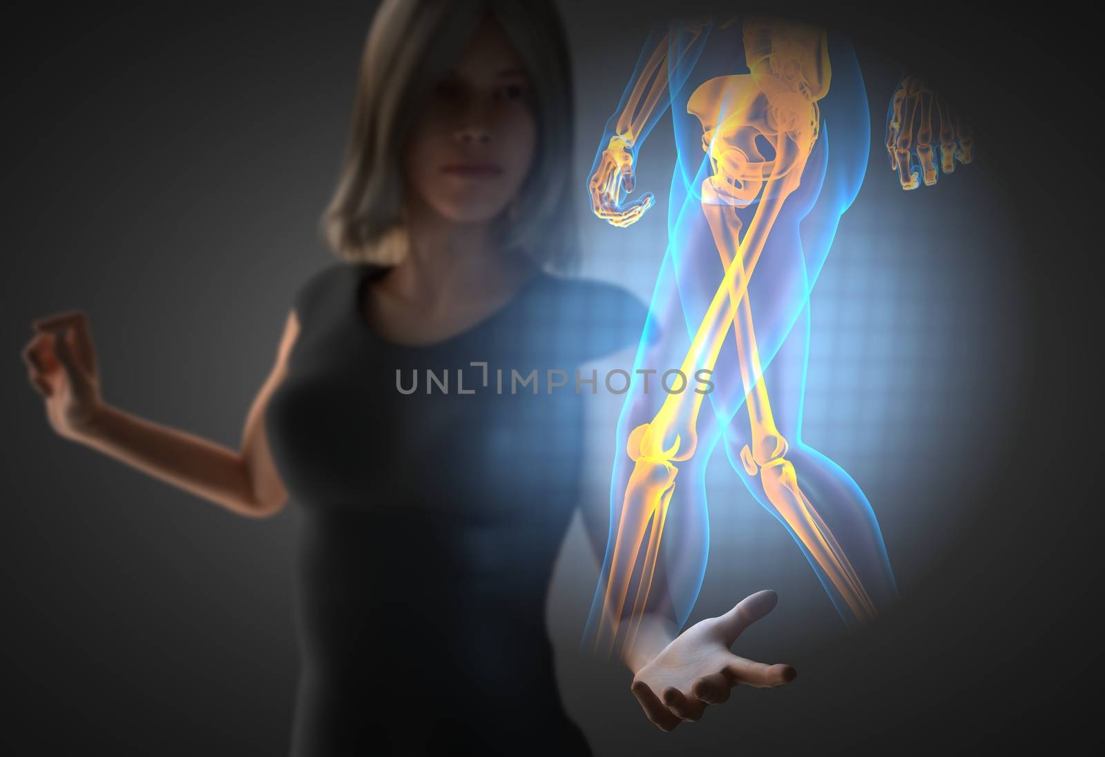 woman and hologram with knee radiography