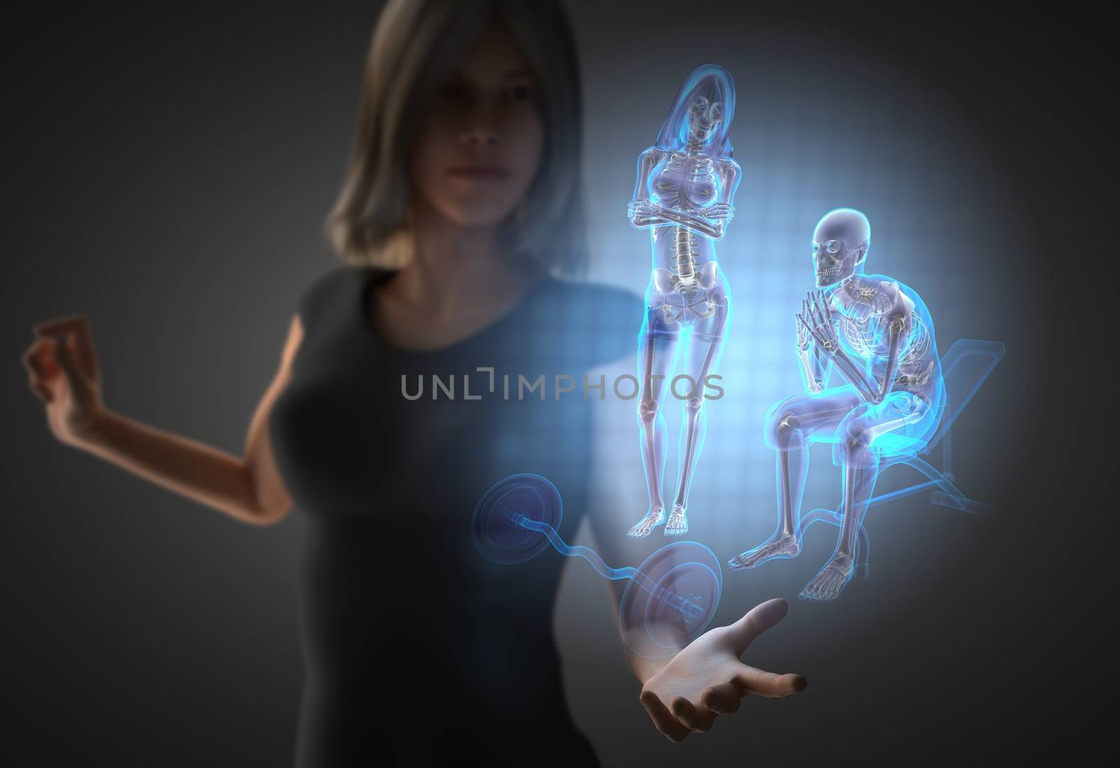 woman and hologram with man in gym room