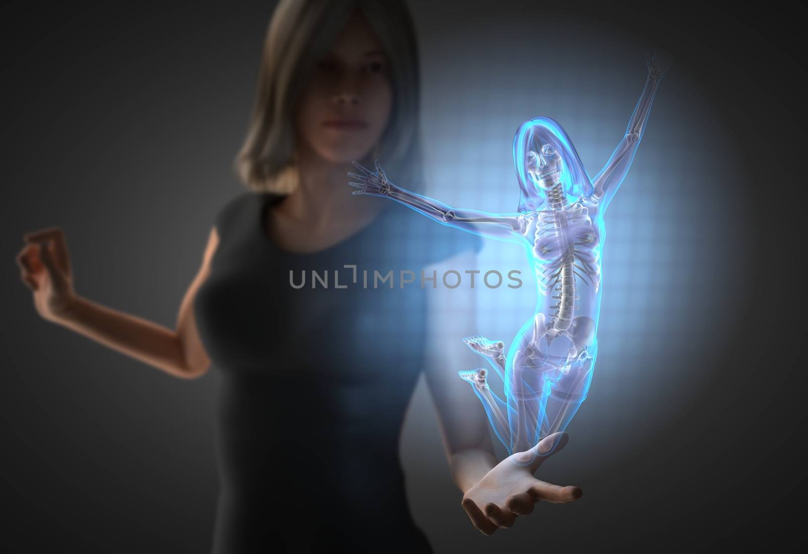 woman and hologram with bones radiography