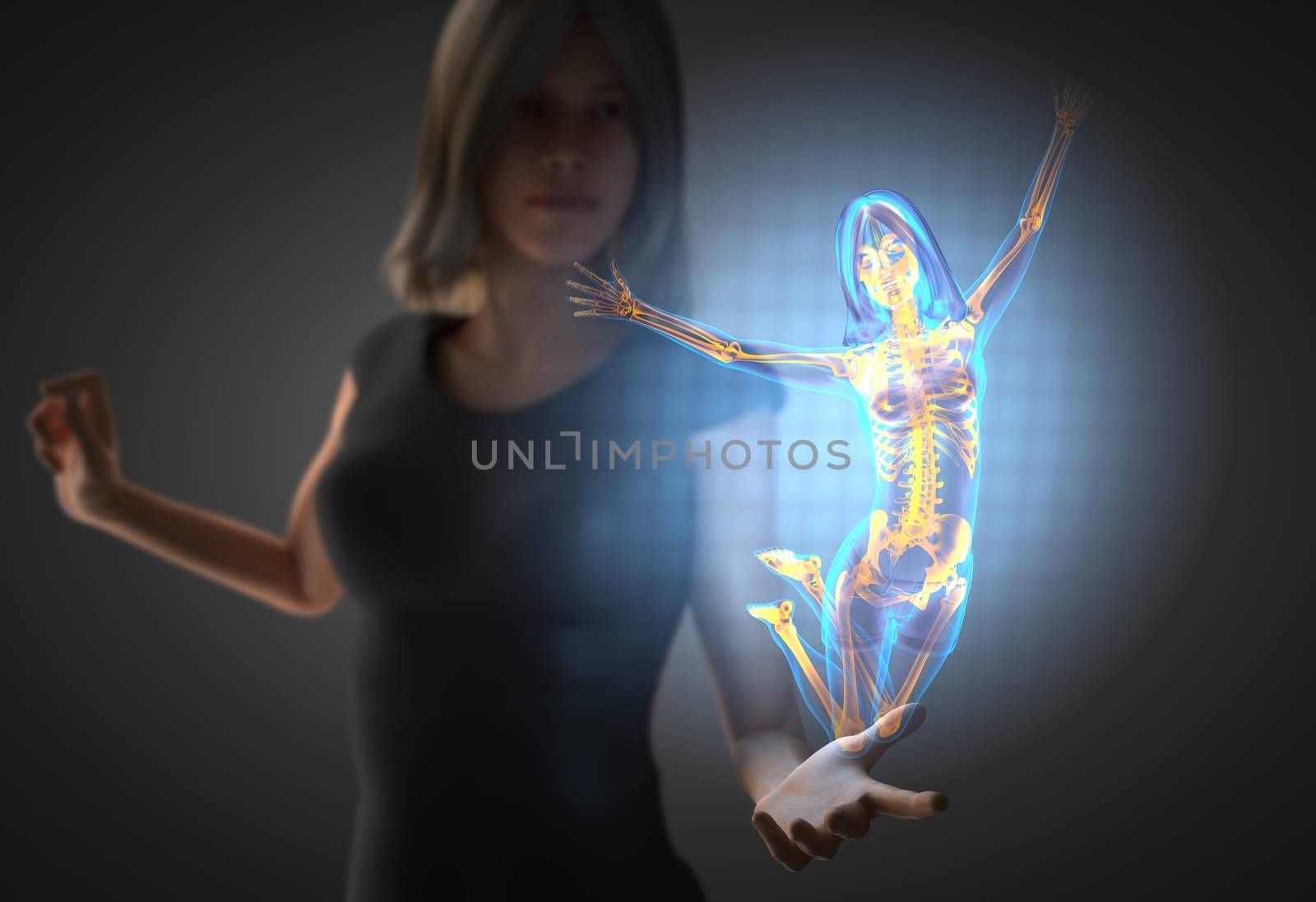 woman and hologram with bones radiography by videodoctor