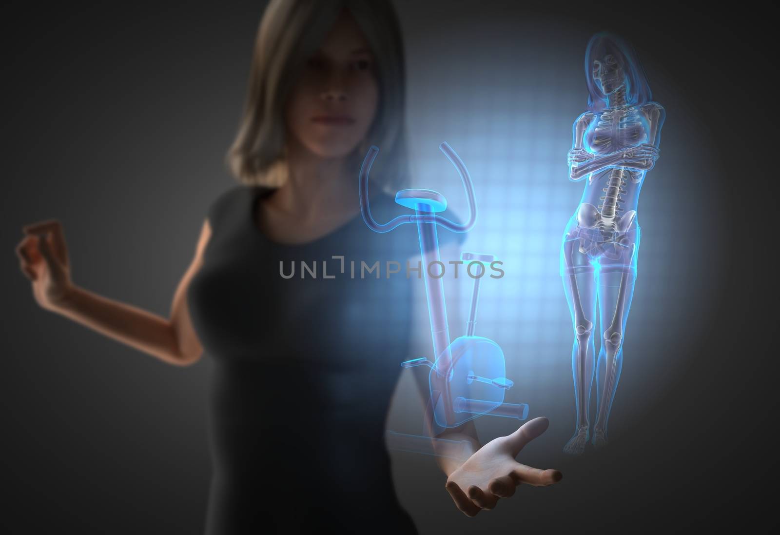 woman and hologram with gym room