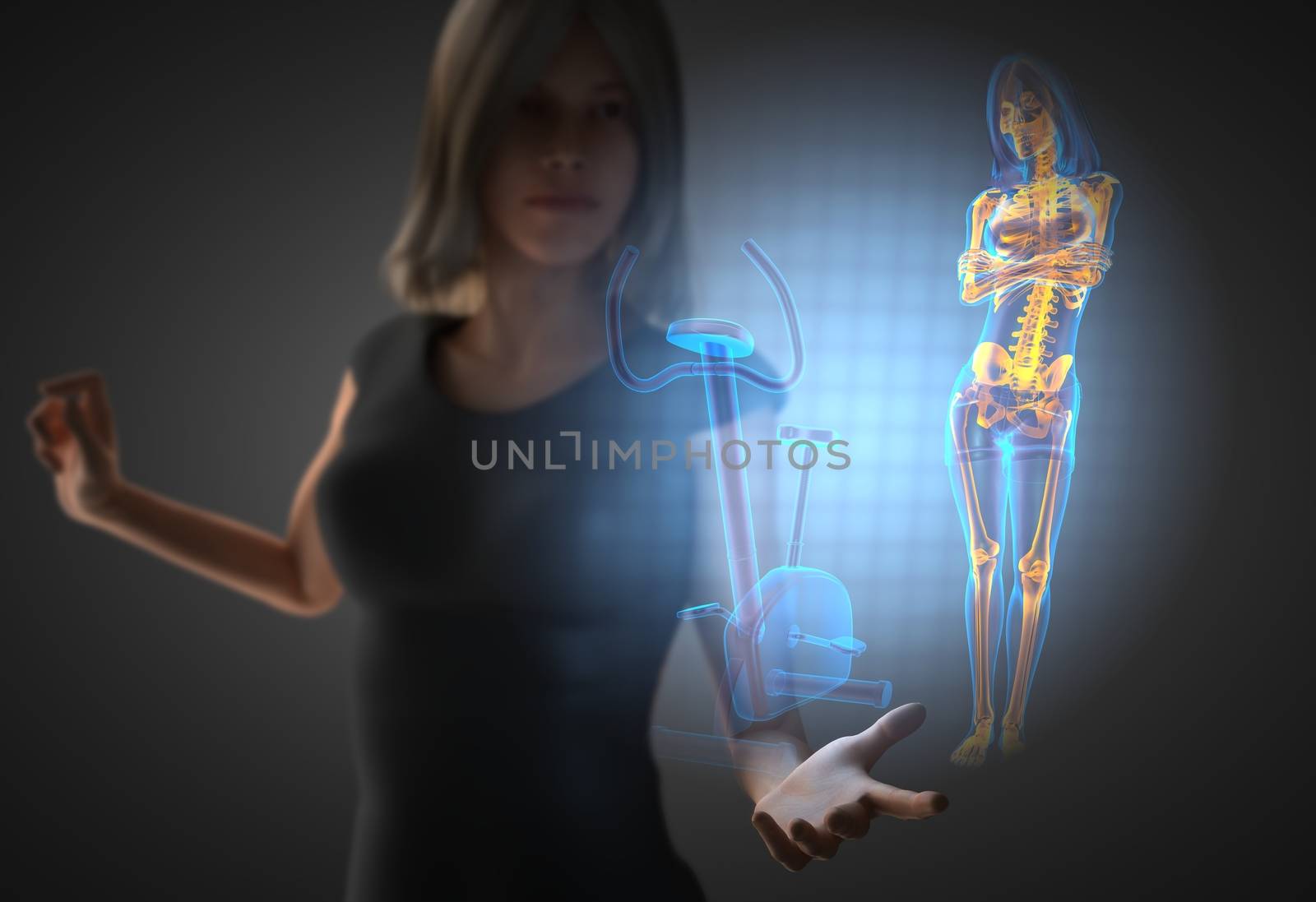 woman and hologram with gym room by videodoctor