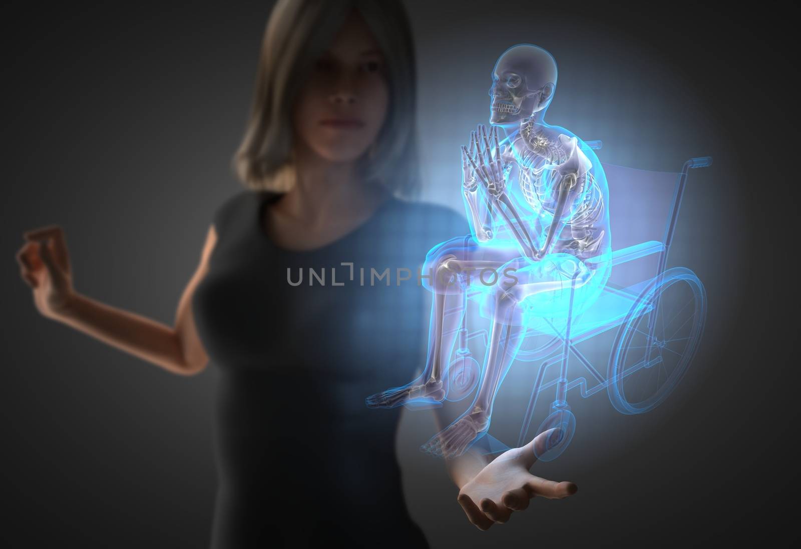 woman and hologram with man in wheelchair by videodoctor