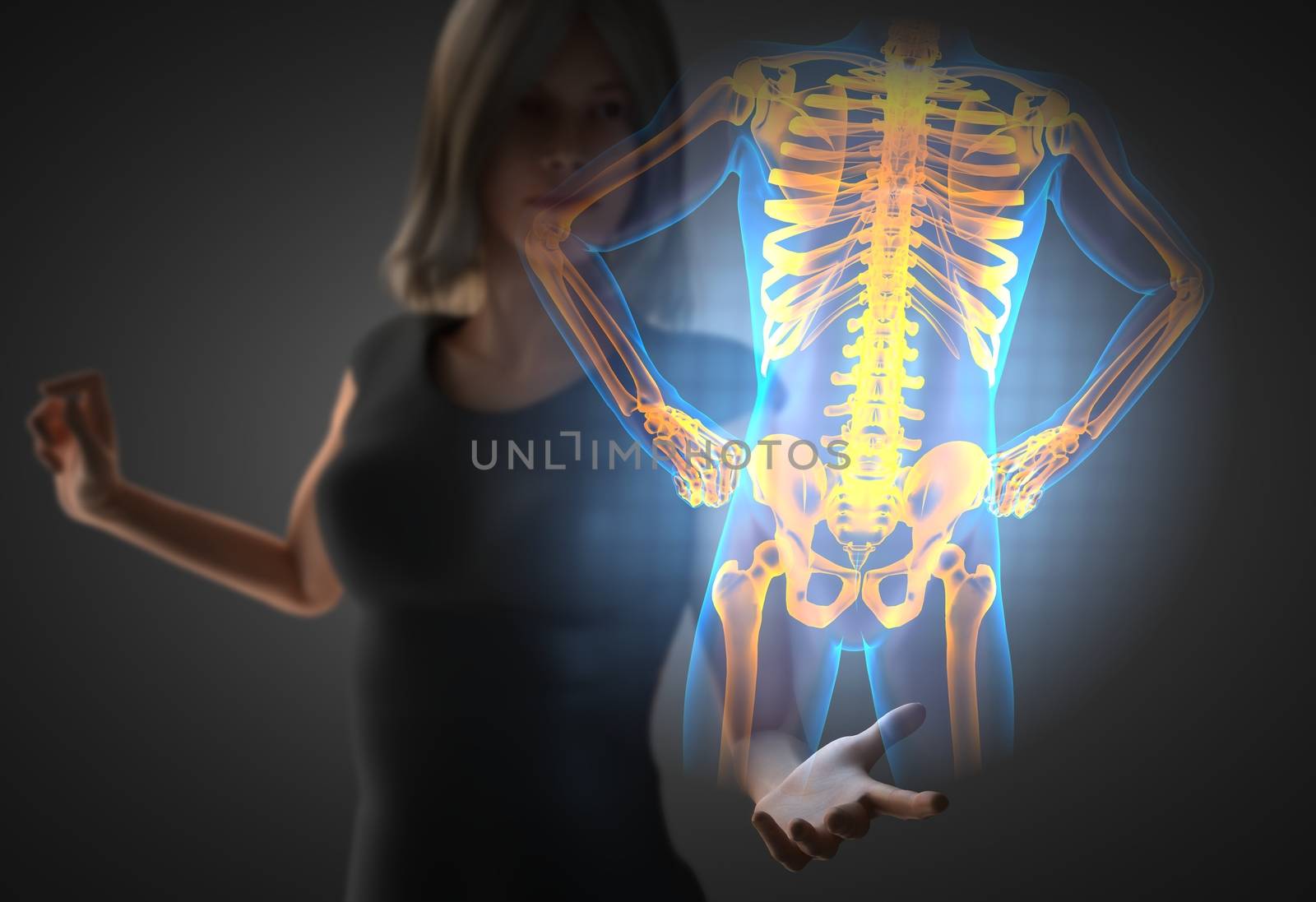 woman and hologram with bones radiography by videodoctor