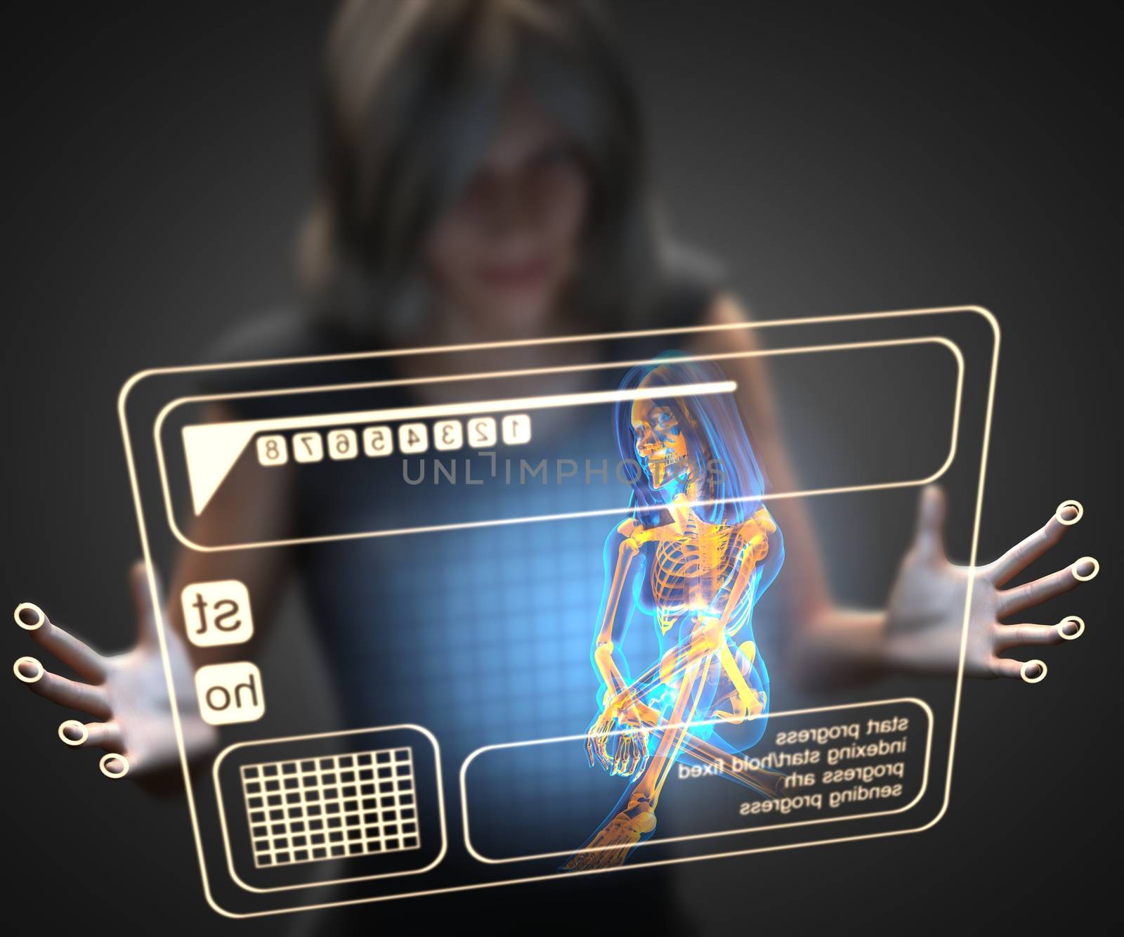 woman and hologram with bones radiography by videodoctor