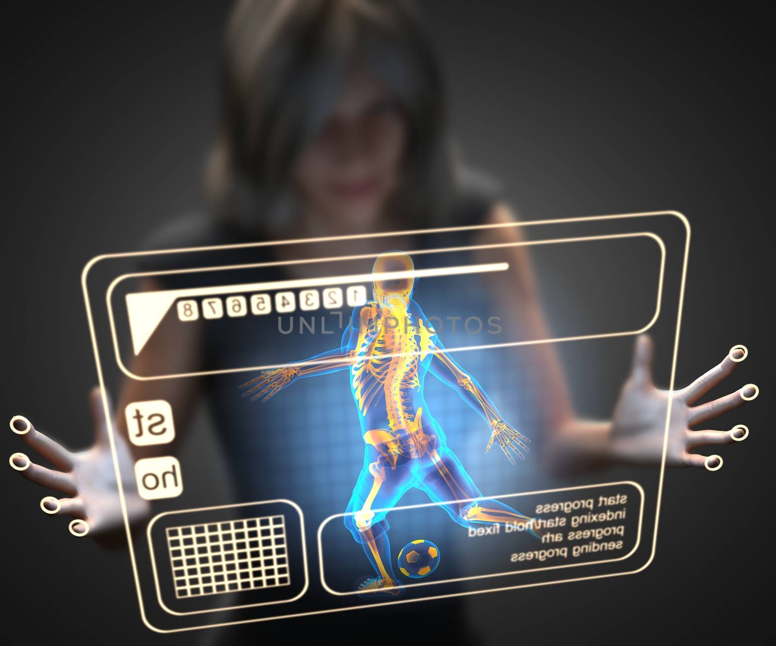 woman and hologram with soccer