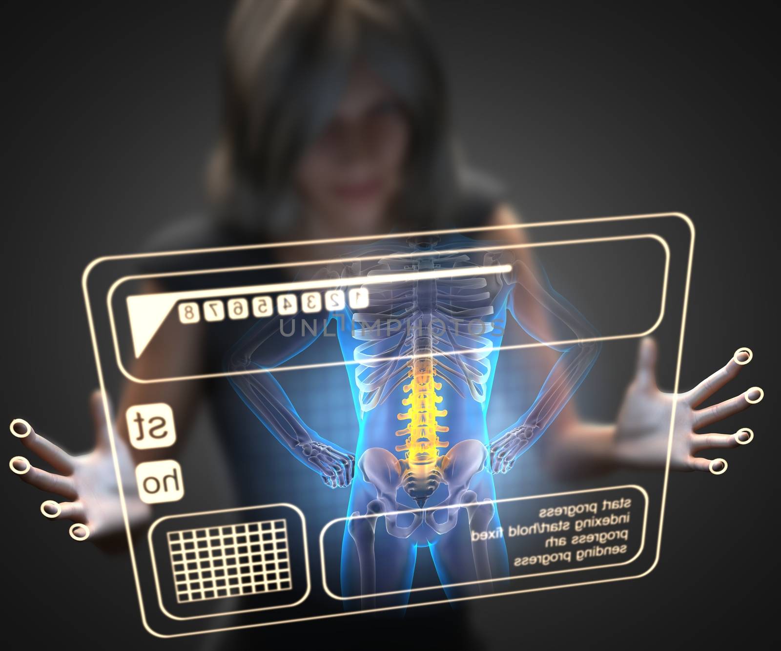 woman and hologram with bones radiography by videodoctor