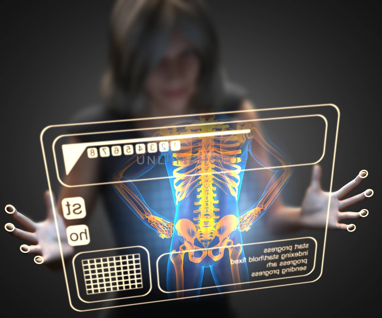 woman and hologram with bones radiography