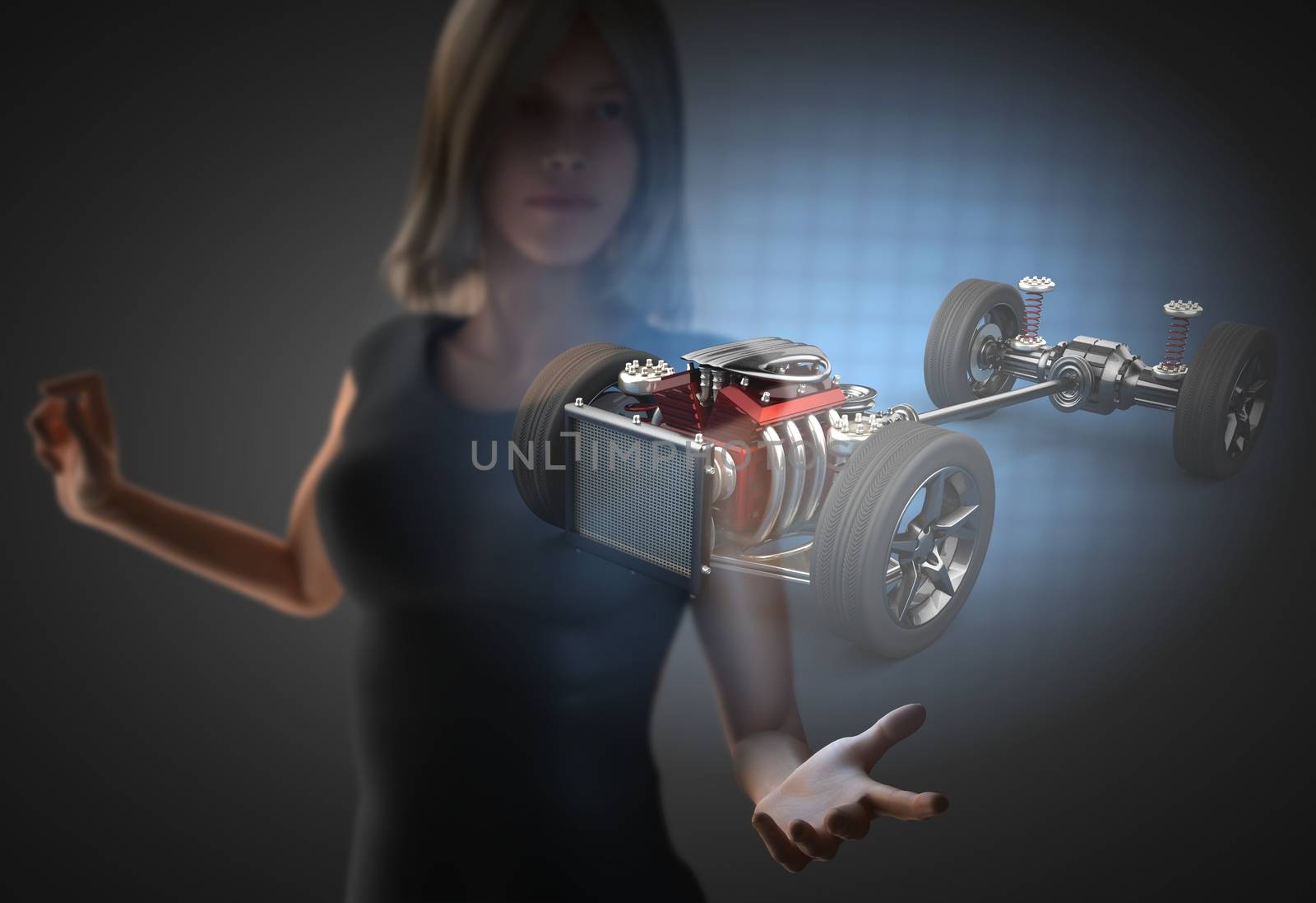 woman and hologram with car chassis