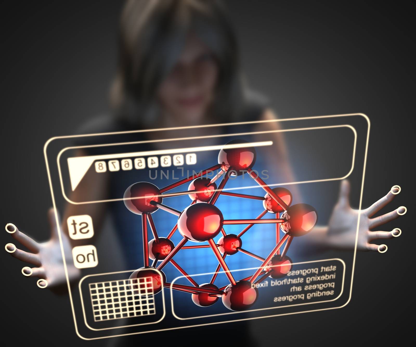 woman and hologram with atom model