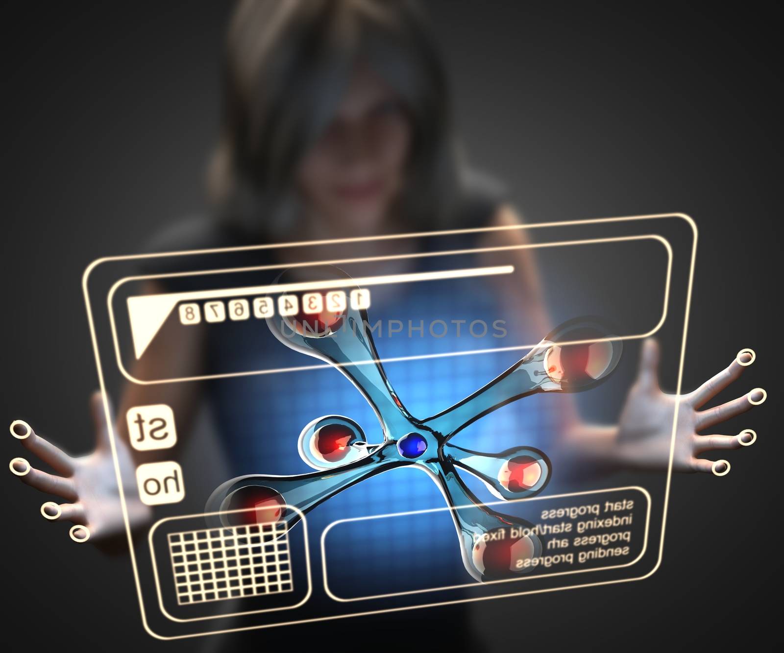 woman and hologram with atom model