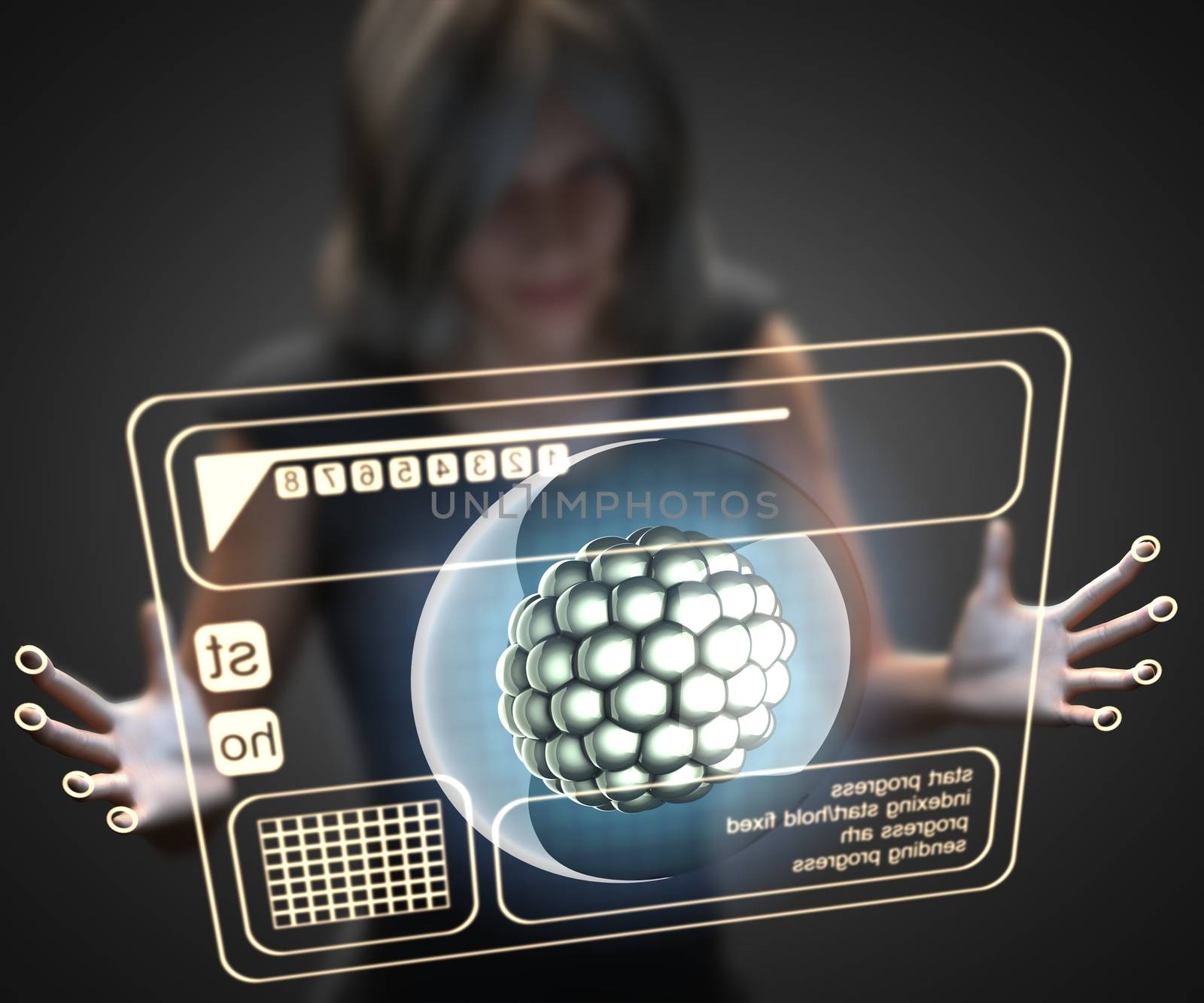 woman and hologram with cell