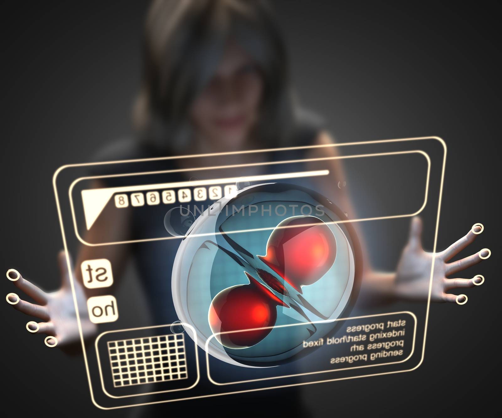 woman and hologram with cell