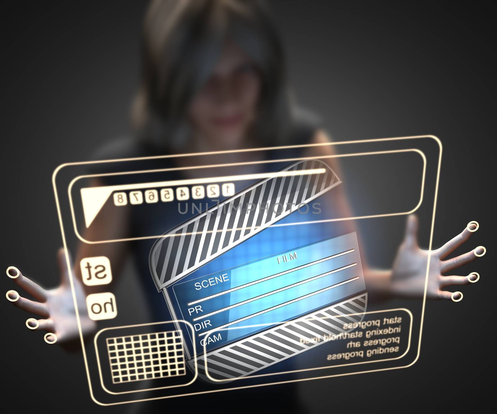 woman and hologram with clapboard