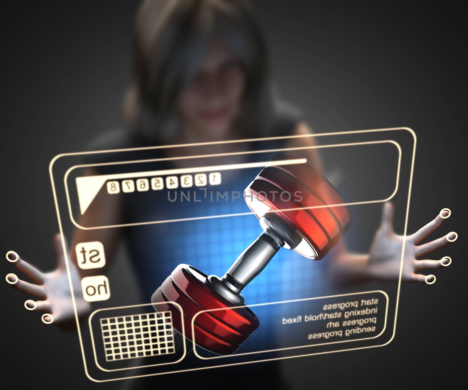woman and hologram with dumbbell
