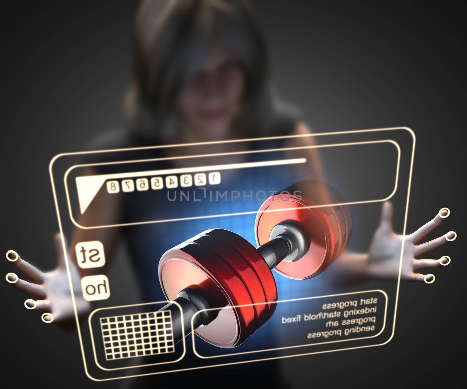 woman and hologram with dumbbell