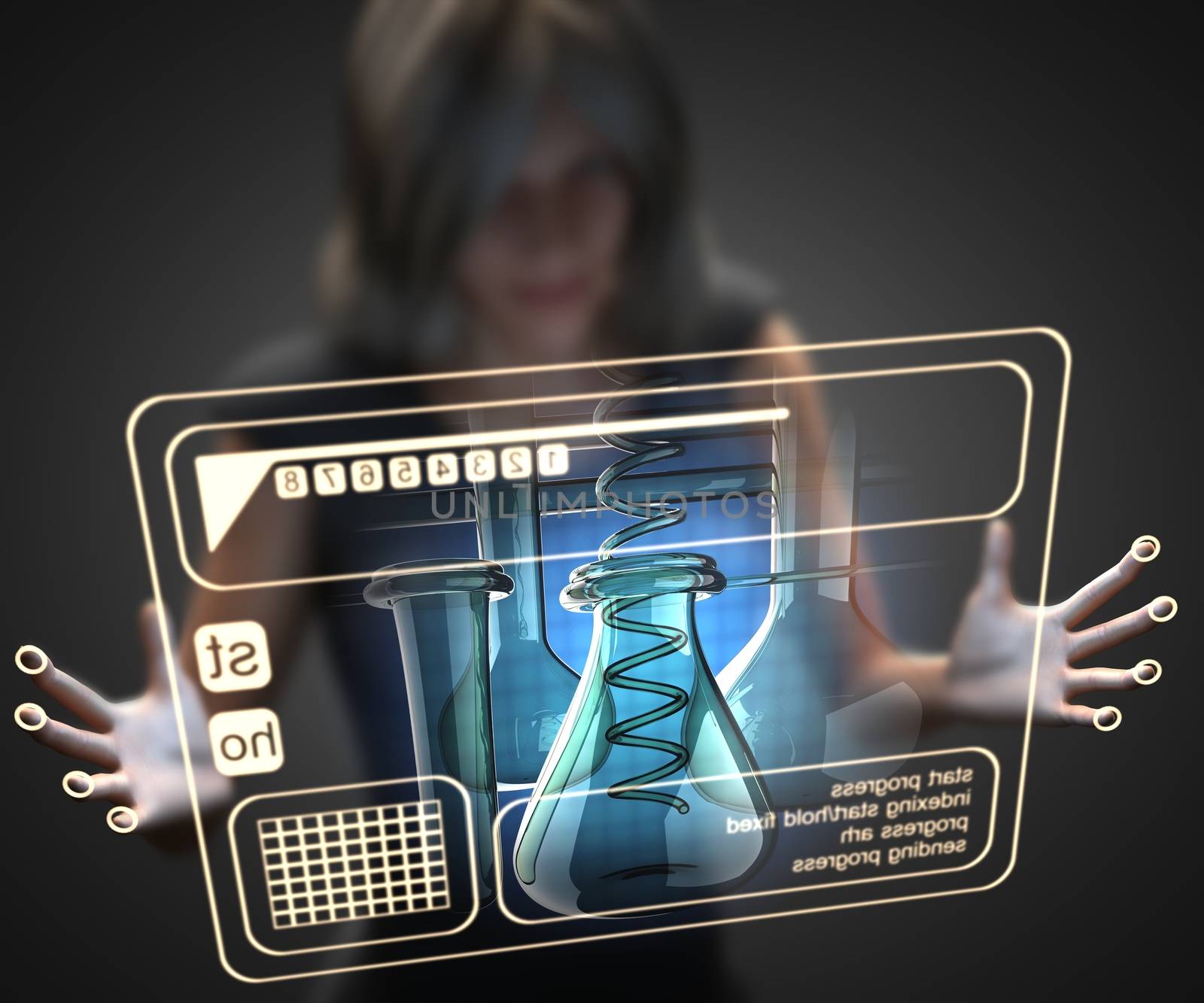 woman and hologram with laboratory glassware