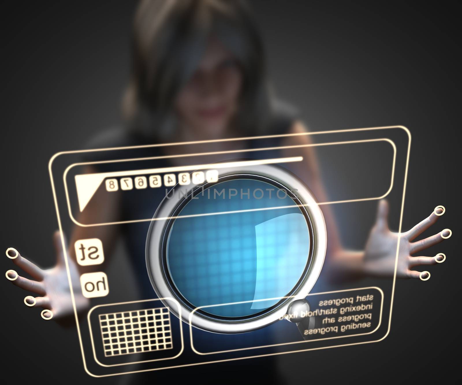 woman and hologram with loupe by videodoctor