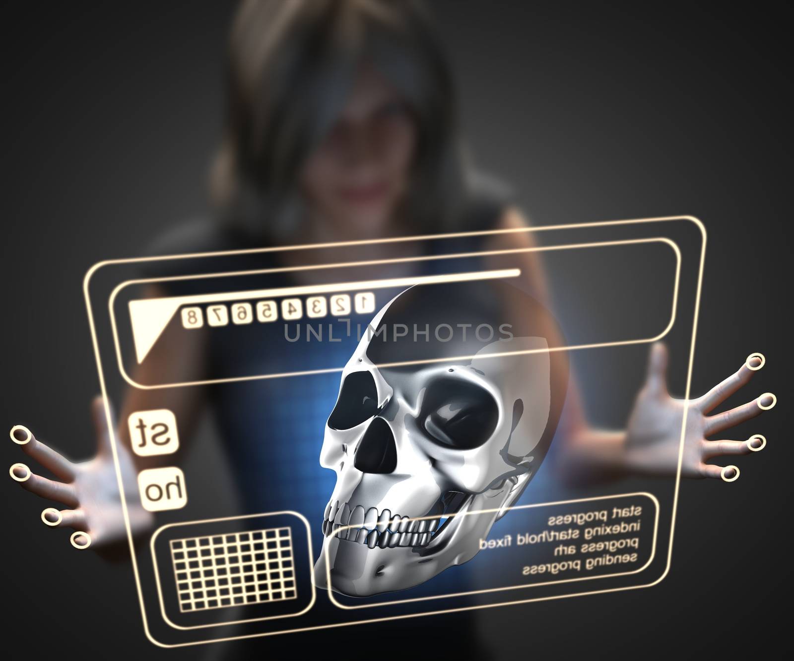 woman and hologram with skull by videodoctor