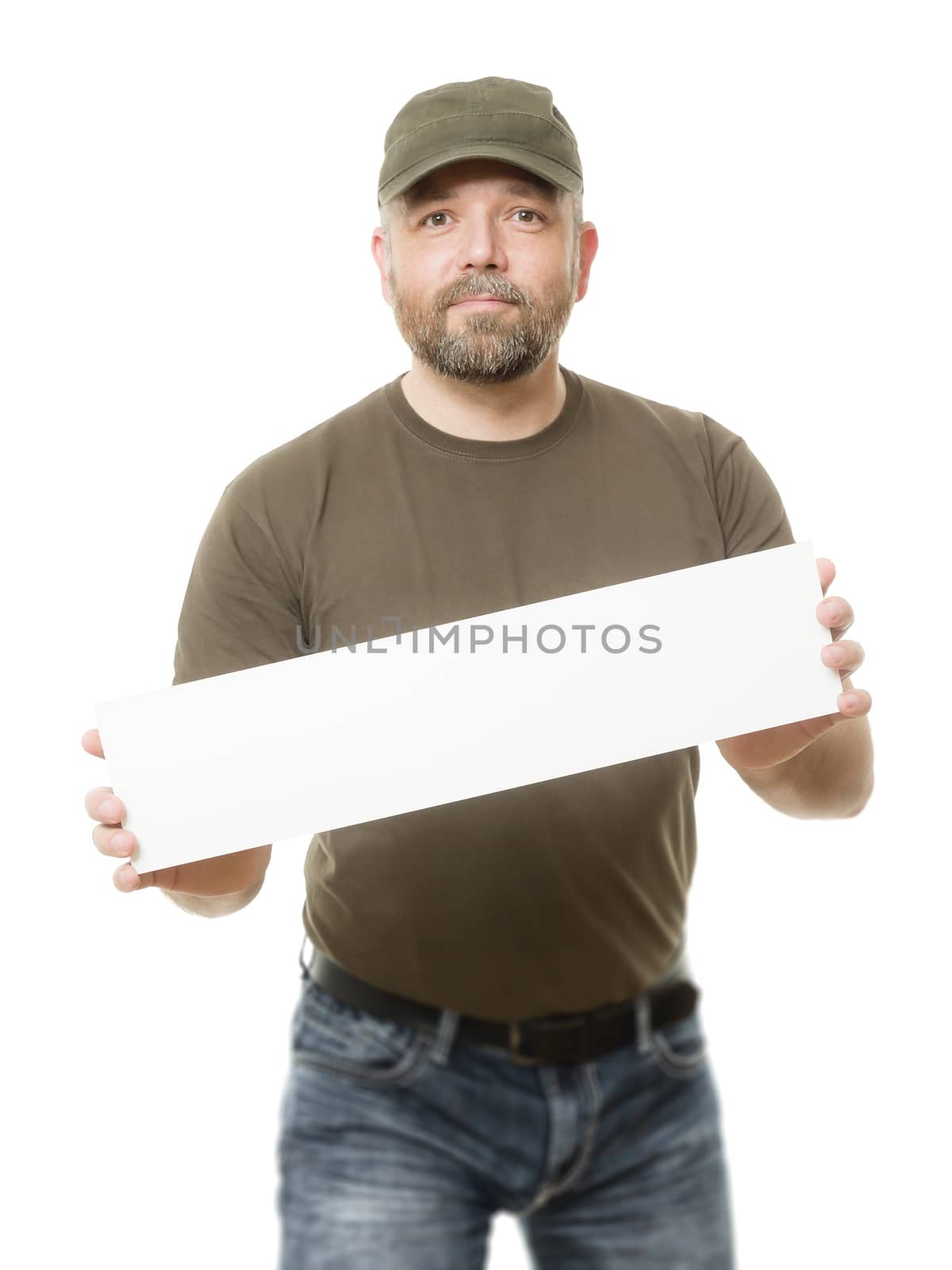 An image of a bearded man holding a white board