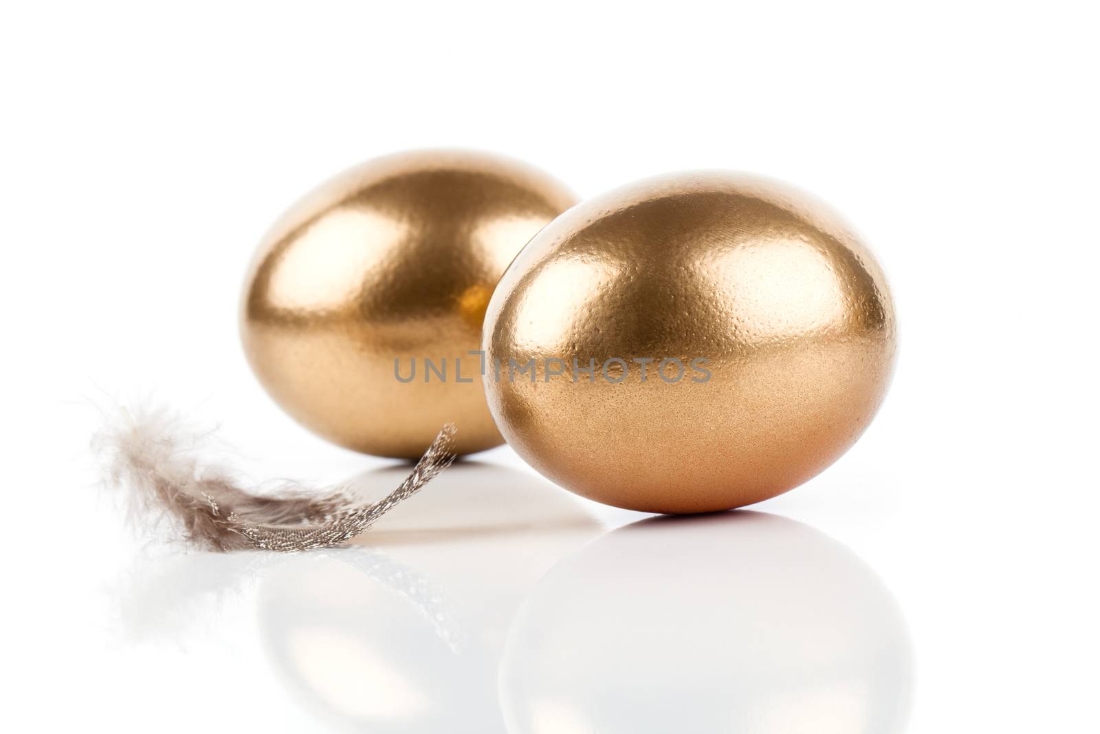 golden eggs and feather isolated on white background by motorolka